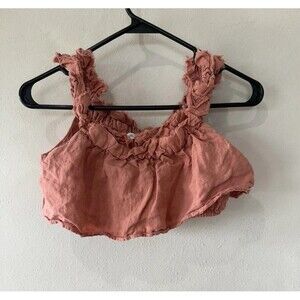 Zara Girls Size 9 Linen Pink Ruffle Crop Top Tank T Shirt Raw Hem